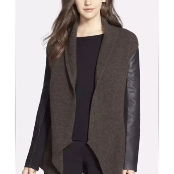EILEEN FISHER Peat Brown Wool & Black Leather Cardigan Jacket Size Medium